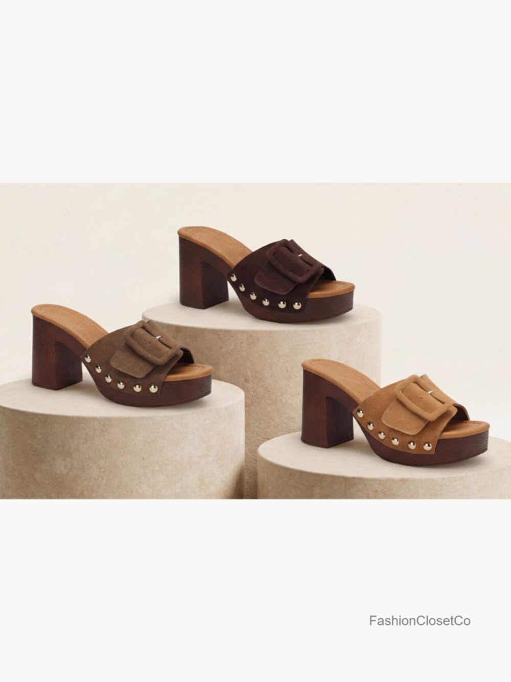 Women's Suede Platform Mules Chunky Block Heel Clogs Retro Studded Slides - Picture 7 of 7